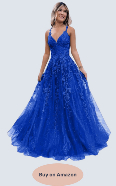 Mikethon Tulle Lace Prom Dresses Appliques Long Spaghetti Strap V-Neck