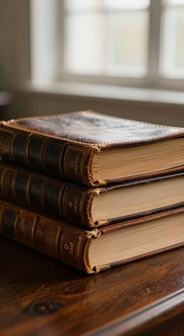 Macro photograph of antique leather-bound medical journals stacked neatly on a dark oak desk, warm morning light filtering through a high window, shallow depth of field.