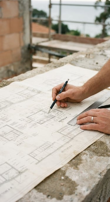 Close-up of hands reviewing technical architectural blueprints on a concrete surface, warm natural coastal light, professional documentary style