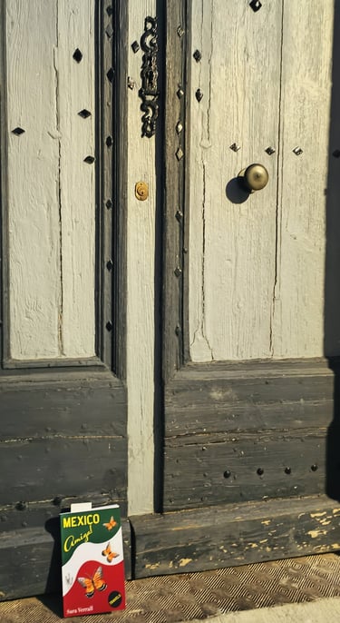 "Mexico Amiga!" book in front of doors in Marseillan old town