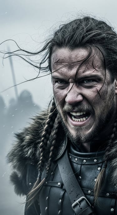 Close up of Viking warriors face getting ready for battle.