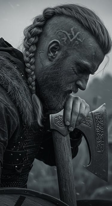 Viking warrior prays and leans on axe