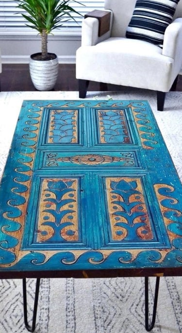 Up-cycle Wooden door painted in turquoise as centre table