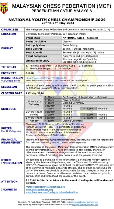 Malaysian National Youth Chess Championship 2024 Catur Malaysia Chess Tournament