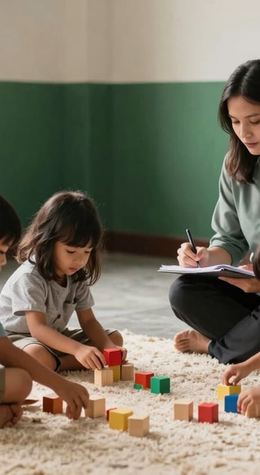 A warm, nurturing classroom scene in Indonesia with soft natural light. A professional observer in a muted green blouse sits discreetly on a low chair, taking notes while young children play with educational wooden blocks on a soft cream rug. The environment is clean and supportive, with deep green and stone colored wall accents.
