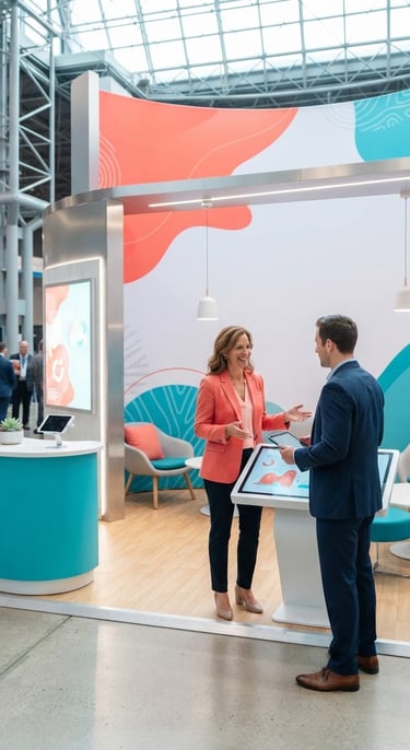 Bright editorial photography of a clean corporate exhibition stand at a premium convention hall, vibrant coral and turquoise accents, sharp focus, daylight.