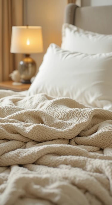 weighted throw blanket draped over the corner of a bed with soft cream linen sheets, warm amber beds