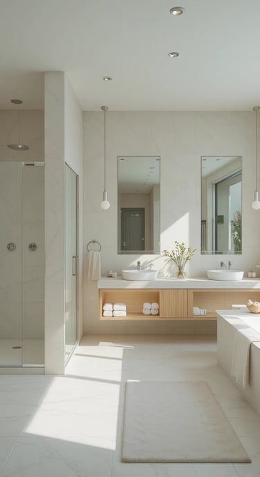 A sleek and minimalist pool house bathroom with a calming atmosphere