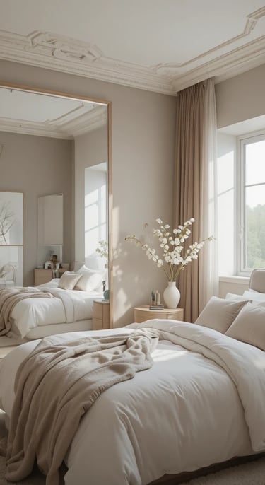 A chic small bedroom featuring a large mirror placed opposite a window to reflect natural light. Neu