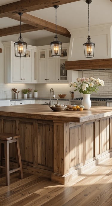 A stunning farmhouse kitchen centered around a rustic reclaimed wood island with a distressed finish