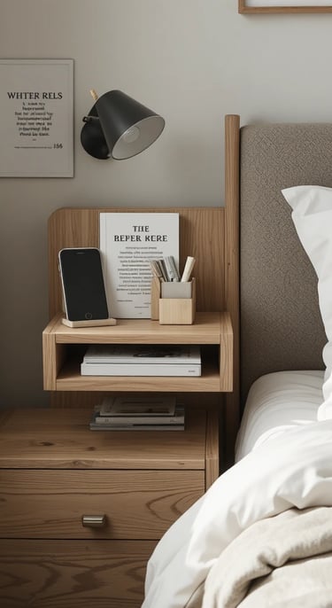 A compact bedroom setup with a bed featuring a bedside shelf caddy attached to the frame