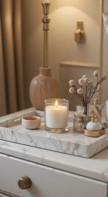 A close-up of a styled nightstand in a small bedroom featuring a marble tray holding a candle
