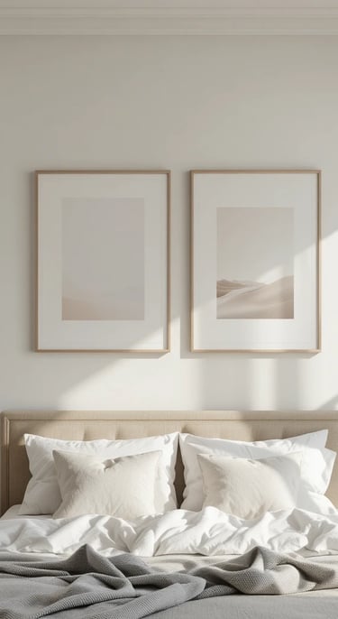 A small bedroom wall above a bed decorated with minimal neutral wall art prints in simple frames,