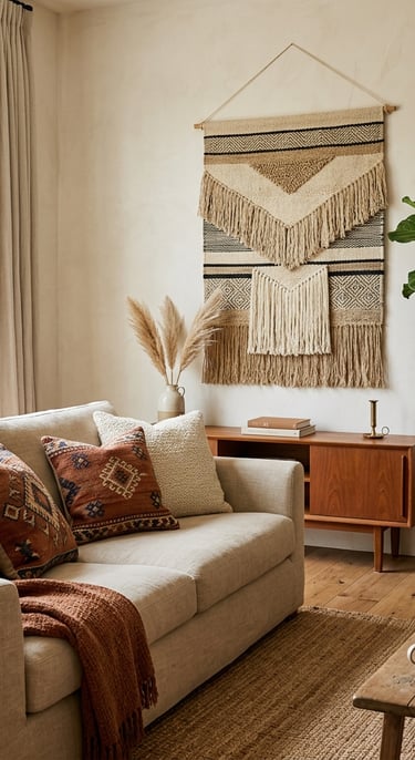 Photorealistic editorial interior of a warm bohemian living room with a linen sofa, one terracotta t