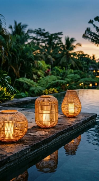  vignette of three rattan lanterns glowing softly along a pool edge at dusk, warm amber light, tropi