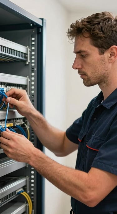 A professional Adelaide electrician in a clean navy uniform neatly installing structured data cabling in a commercial rack, bright natural daylight.