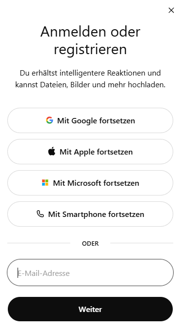 Screenshot des ChatGPT Anmeldefensters mit Optionen für Google, Apple, Microsoft und E-Mail
