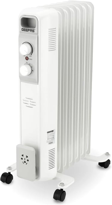 a white electric heater with four wheels and a remote control