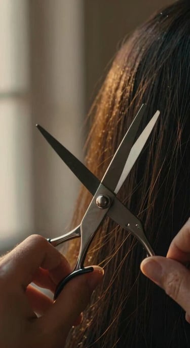 Close-up of hands using classic steel shears on dark hair, low-key directional lighting with soft golden-hour window light, shallow depth of field, 35mm