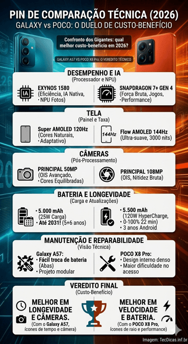 Tabela infográfica comparando especificações de processador, câmera, bateria Galaxy A57 POCO x8
