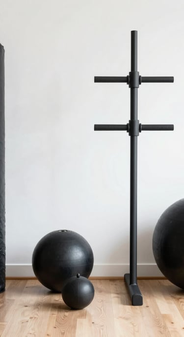 Close-up of heavy-duty dumbbells stacked neatly on a rack in a bright home gym