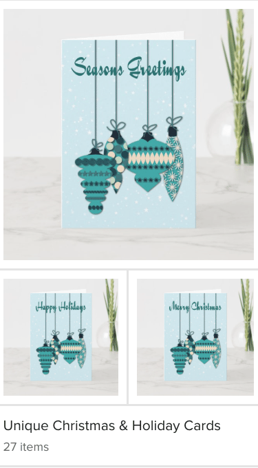 Christmas card with ornaments in a collection of cards