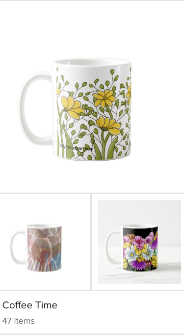 A collection of digital art placed on coffee cups for sale