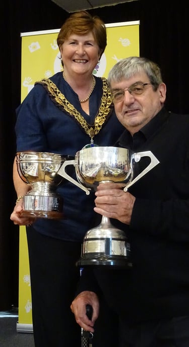 Sandy Town Mayor, Cllr. Joanna Hewitt, presenting awards, including to Richard Marriott , in 2023.
