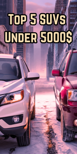 two cars parked in the snow with the words top 5 suvs under $ 100