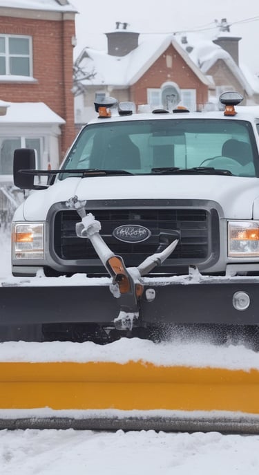 A worker in a safety vest stands next to a white snow plow truck clearing a residential street.