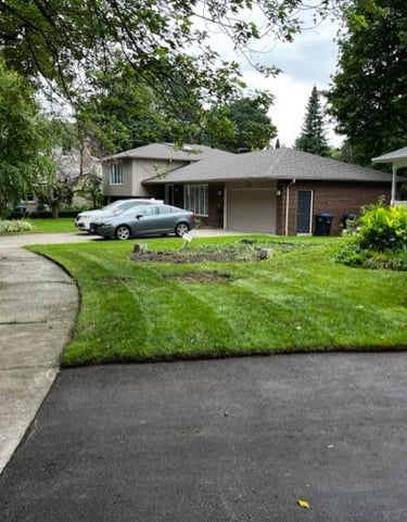 Suburban neighborhood featuring a manicured green lawn, sidewalk, and modern residential homes with driveways.