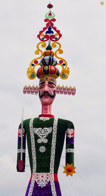 Majestic ten-headed Ravana effigy stands proudly at Kota Dussehra ground, glowing with grandeur before the final blaze.