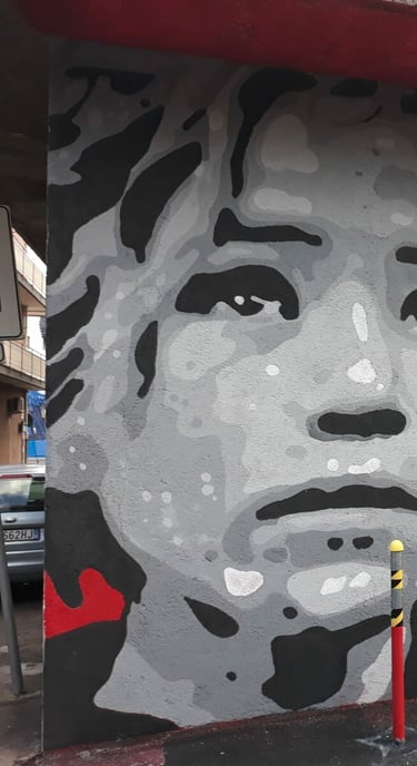 Social-themed mural with female face and ruined buildings, urban art by Poliops.