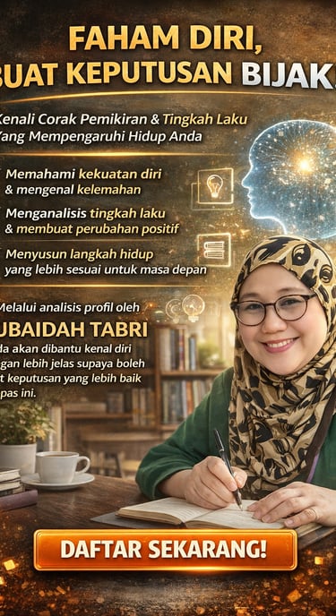 Poster for Rubaidah Tabri's personal development workshop on self-understanding and decision making.