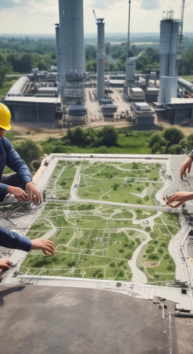 A professional consulting team discussing environmental plans around a table with charts and laptops.