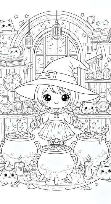 a coloring page of a witch's hat and a cat