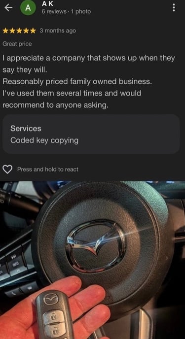 Five-star Google review of Jack's Locksmith for coded key copying on a Mazda key fob