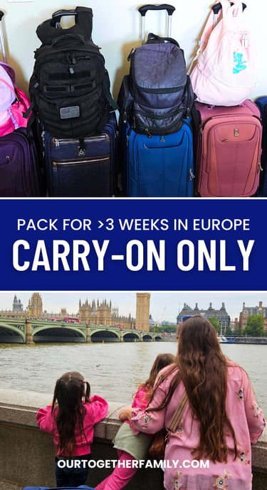 Carry-on bag packed for 3 weeks in Europe. Mom and 2 daughters in London