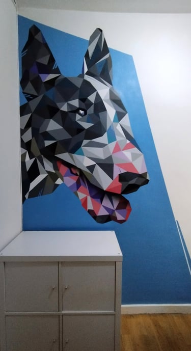graffiti, interior, decoración, bull terrier, pintura mural spray graffitimuralpro