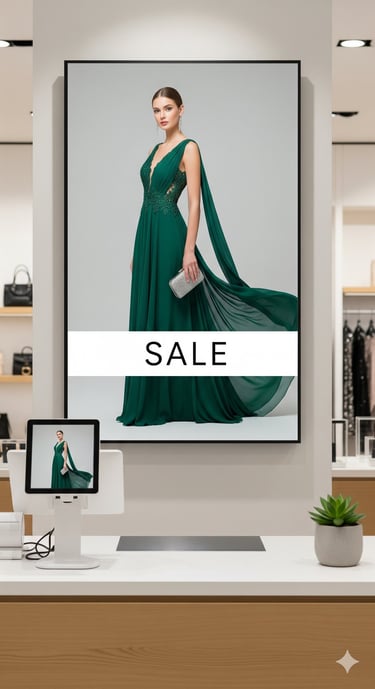 JustSignage, a woman in a green dress with a large screen displaying a sale sign