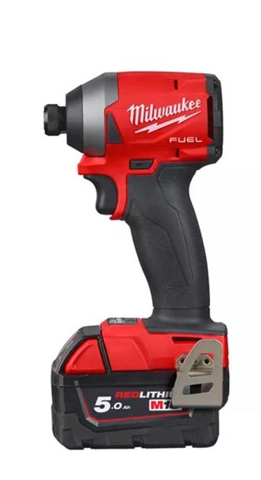 Milwaukee M18 FUEL cordless impact driver with a 5.0 Ah RedLithium battery on a white background.
