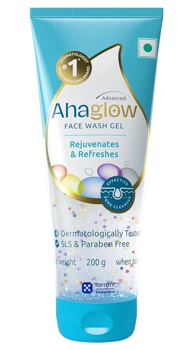 AHA Glow Face Wash is a dermatologist-recommended gel cleanser enriched with glycolic acid 
