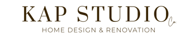 Elegant gold KAP Studio Co. logo for home design and renovation services on a black background.