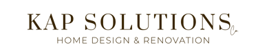 KAP Solutions Co. logo for home design and renovation services in gold text on a black background.