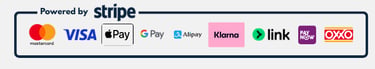 Payment methods powered by Stripe including Mastercard, Visa, Apple Pay, Google Pay, and Klarna.