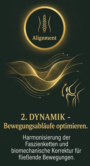 Infographic showing spinal alignment and knee biomechanics with gold wave lines on a dark background.
