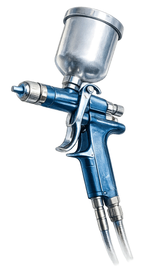 Professional blue HVLP spray gun with metal paint canister for automotive and industrial painting.