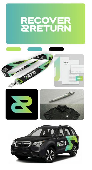 Branded identity for Recover and Return featuring logo on a lanyard, stationery, pen, polo shirt, and car wrap.