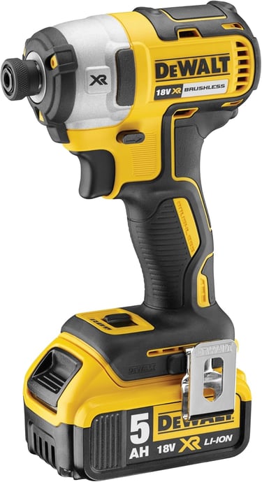 DeWalt 18V XR brushless cordless impact driver with a 5Ah lithium-ion battery on a white background.