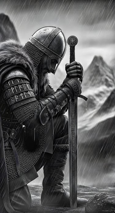 Viking warrior kneeling and holding onto sword